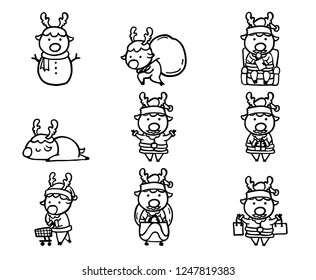 Set of christmas icon vector on white background.Reindeer santa black line by hand drawing.