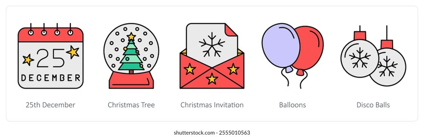 A set of christmas icons as 25th dec, christmas tree, christmas invitation