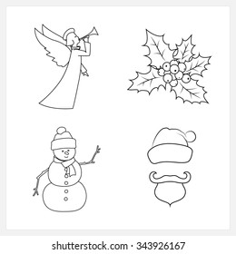 Set of Christmas Icons, Christmas Angel,  Holly Berry, Snowman, Santa Claus  with a Beard, Mustache and Hat without a Face,   Black and White Vector Illustration
