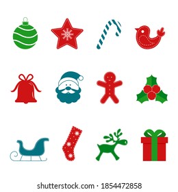 Set of Christmas icons. Christmas ball, star, lollipop, Santa Claus, bell, gingerbread man, mistletoe, sleigh, sock, deer, gift. Merry Christmas. Flat vecto