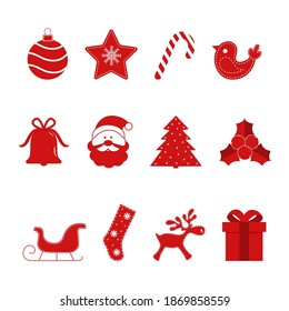 Set of Christmas icons. Christmas ball, star, lollipop, Santa Claus, bell, gingerbread man, mistletoe, sleigh, sock, deer, gift. Merry Christmas. Flat vector.