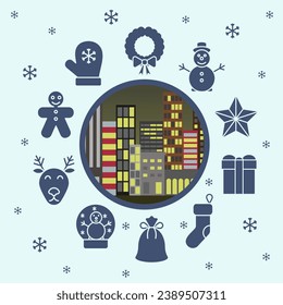 A set of Christmas icons of the big city. Christmas and New Year. Winter greeting card. Winter icons. EPS 10.