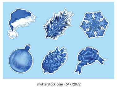 Set of christmas icons in blue hat, ball, snowflake bow, cone, hat, pine, vector illustration