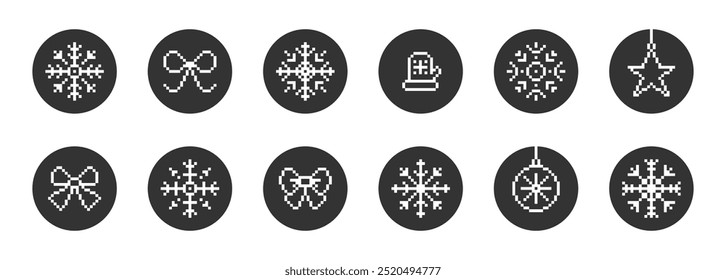 Set of Christmas icons of bow, snowflake and ball. Pixel art vector illustration.