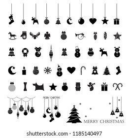 set of christmas icons, christmas-tree decorations, patterns for greeting cards, flat vector illustration