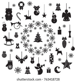 set of christmas icons, christmas-tree decorations, patterns for greeting cards, flat vector illustration