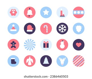 Set of Christmas Icons in Circles. Christmas elements in modern minimalist geometric style. Emoji, stickers, holiday design elements. Colorful illustration in cartoon style. Flat vector illustration