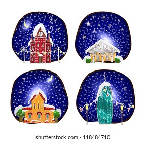 set of Christmas icons with city buildings in the snow