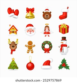 Set of Christmas icons. Collection of cartoon Xmas symbols - Santa, Christmas angel, gift, tree, ball, sock, holly, wreath, snowman, mittens, gingerbread man, bell with bow, santa hat, cute bear etc.