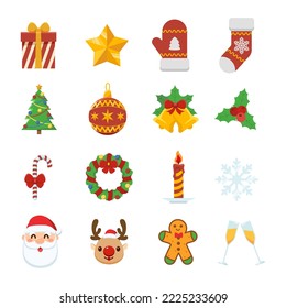 Set of CHRISTMAS icons collection. Giftbox, Tree, candle, Santa, deer, bell, garland, candy, and snowflake. Vector illustration flat cartoon design element for banner, greeting card, and background.