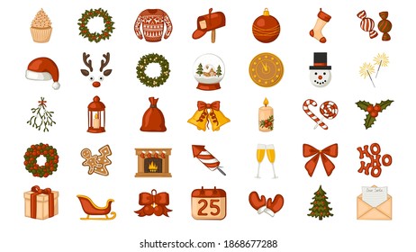 Set of Christmas icons. Collection of traditional holiday items for decoration. Isolated objects on a white background. Vector illustration.