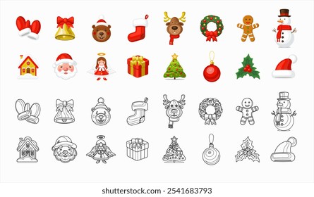 Set of Christmas icons. Collection of Xmas symbols - Santa Claus, Christmas angel, gift, tree, ball, sock, holly, wreath, snowman, gingerbread man, bell, santa hat etc. Color and line art variants.