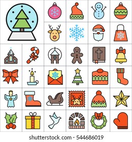 Set of Christmas Icons. Contains such Icons as Santa, Christmas Tree, Christmas Ball, Candy Cane, Angel, Sweater, Star, Envelope, Christmas Bell, Gingerman and more. Editable Vector. Pixel Perfect.