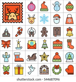 Set of Christmas Icons. Contains such Icons as Santa, Christmas Tree, Christmas Ball, Candy Cane, Angel, Sweater, Star, Envelope, Christmas Bell, Gingerman and more. Editable Vector. Pixel Perfect.