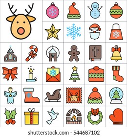 Set of Christmas Icons. Contains such Icons as Santa, Christmas Tree, Christmas Ball, Candy Cane, Angel, Sweater, Star, Envelope, Christmas Bell, Gingerman and more. Editable Vector. Pixel Perfect.