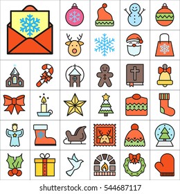 Set of Christmas Icons. Contains such Icons as Santa, Christmas Tree, Christmas Ball, Candy Cane, Angel, Sweater, Star, Envelope, Christmas Bell, Gingerman and more. Editable Vector. Pixel Perfect.