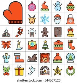 Set of Christmas Icons. Contains such Icons as Santa, Christmas Tree, Christmas Ball, Candy Cane, Angel, Sweater, Star, Envelope, Christmas Bell, Gingerman and more. Editable Vector. Pixel Perfect.