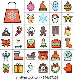 Set of Christmas Icons. Contains such Icons as Santa, Christmas Tree, Christmas Ball, Candy Cane, Angel, Sweater, Star, Envelope, Christmas Bell, Gingerman and more. Editable Vector. Pixel Perfect.