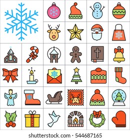 Set of Christmas Icons. Contains such Icons as Santa, Christmas Tree, Christmas Ball, Candy Cane, Angel, Sweater, Star, Envelope, Christmas Bell, Gingerman and more. Editable Vector. Pixel Perfect.