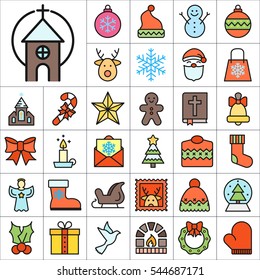 Set of Christmas Icons. Contains such Icons as Santa, Christmas Tree, Christmas Ball, Candy Cane, Angel, Sweater, Star, Envelope, Christmas Bell, Gingerman and more. Editable Vector. Pixel Perfect.