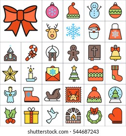 Set of Christmas Icons. Contains such Icons as Santa, Christmas Tree, Christmas Ball, Candy Cane, Angel, Sweater, Star, Envelope, Christmas Bell, Gingerman and more. Editable Vector. Pixel Perfect.