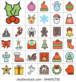 Set of Christmas Icons. Contains such Icons as Santa, Christmas Tree, Christmas Ball, Candy Cane, Angel, Sweater, Star, Envelope, Christmas Bell, Gingerman and more. Editable Vector. Pixel Perfect.