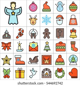 Set of Christmas Icons. Contains such Icons as Santa, Christmas Tree, Christmas Ball, Candy Cane, Angel, Sweater, Star, Envelope, Christmas Bell, Gingerman and more. Editable Vector. Pixel Perfect.