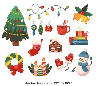 Set of Christmas Icons and Decor. Fir Tree, Garland, Bells and Socks. Gingerbread House, Candles, Snowman and Mittens with Wreath, Gifts, Cocoa Cup Xmas Holiday Items. Cartoon Vector Illustration