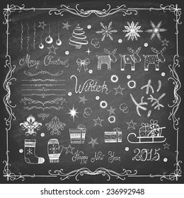 Set of Christmas icons and decorative elements on blackboard. Vector illustration. 