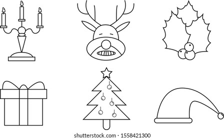 A set of christmas icons (deer, candles, hat, present, cherries, tree)