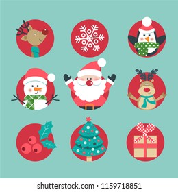 Set of Christmas icons with deer, penguin. snowman, Santa, tree, snowflake and box.. Vector illustration.