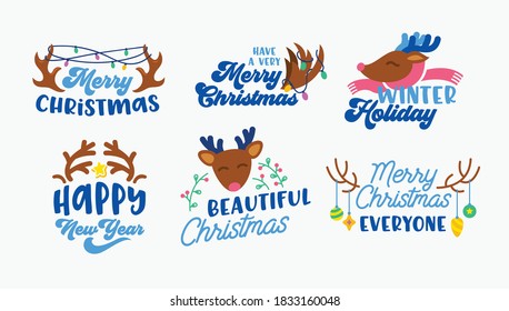 Set of Christmas Icons or Design Elements for Greeting Card with Deer Horns and Decoration Baubles and Garland. Xmas Winter Holidays Congratulation with Reindeer, Wishes. Cartoon Vector Illustration
