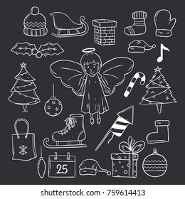 set of christmas icons with doodle or hand drawn style on chalkboard background