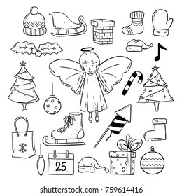 set of christmas icons with doodle or hand drawn style