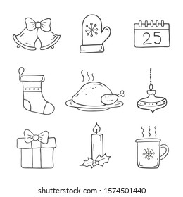 Set of christmas icons in doodle sketch style. Vector illustration.