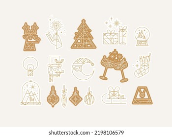 Set of christmas icons drawing in art deco line style on beige background