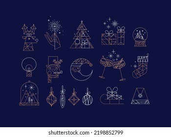 Set of christmas icons drawing in art deco line style on blue background