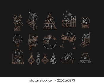 Set of christmas icons drawing in art deco vintage style on dark background