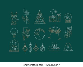 Set Of Christmas Icons Drawing In Art Deco Line Style On Green Background