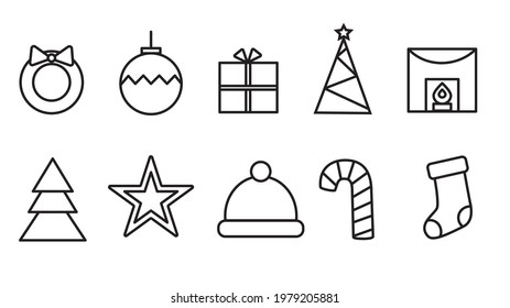 Set of Christmas icons drawn by a black line. Vector illustration