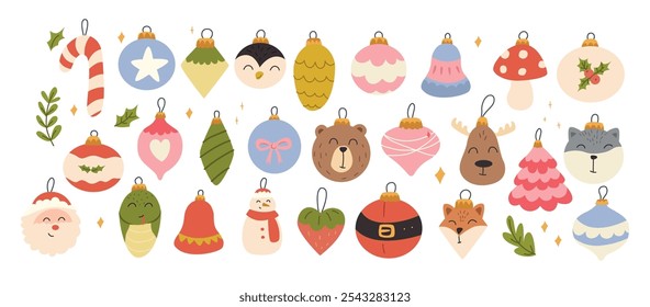 set of Christmas icons and elements. Cartoon Christmas cliparts for decorating cards. Flat design for Christmas Eve and New Year.