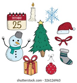 Set Of Christmas Icons Or Elements With Color And Doodle Style