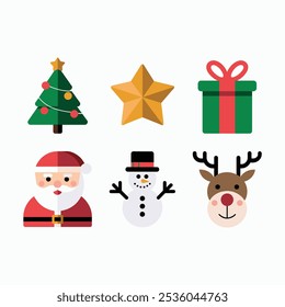Conjunto de iconos de Navidades con un árbol, estrella, regalo, Santa, muñeco de nieve y renos, en colores festivos.