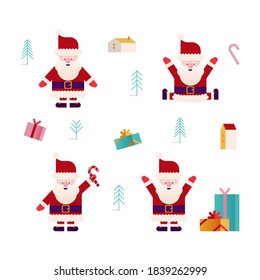 Set of Christmas Icons with Flat Cute Santa Claus. Happy New Year and Merry Christmas Stickers. Presents, Gifts, Christmas Tree, Buildings, Candies. 