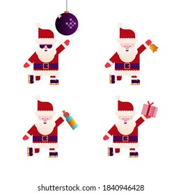Set of Christmas Icons of Flat Cute Santa Claus. Happy New Year and Merry Christmas Stickers. Santa Claus on Skates Holding Gift, Bottle of Drink, Christmas Bell; Dancing near Disco Ball in Sunglasses