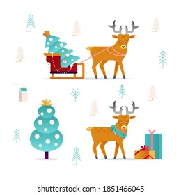 Set of Christmas Icons with Flat Cute Deer, Christmas Tree, Sleigh. Happy New Year and Merry Christmas Stickers. Presents, Gifts, Christmas Tree, Buildings.