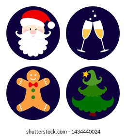 Set of christmas icons. Flat design. Icons of Santa Claus, Christmas tree, glasses of champagne and gingerbread. Vector illustration EPS10