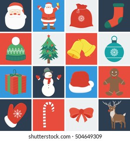 Set of Christmas Icons. Flat design style with long shadow. Vector