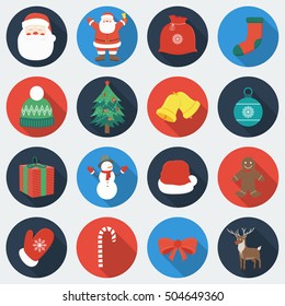 Set of Christmas Icons. Flat design style with long shadow. Vector Illustration.