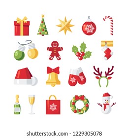 Set of Christmas icons in flat style. Vector xmas ornaments.